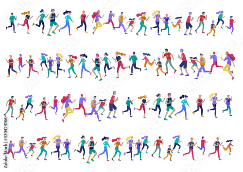 People Marathon Running Sport race sprint, concept illustration running men and women wearing sportswer in landscape. Jogging at Training. Healthy Active Speed Exercise. Cartoon Vector