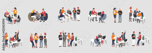 Office interior workplace with group workers communicating or talking to client or conversations between teamwork or meeting, brainstorming. Vector cartoon concept illustration