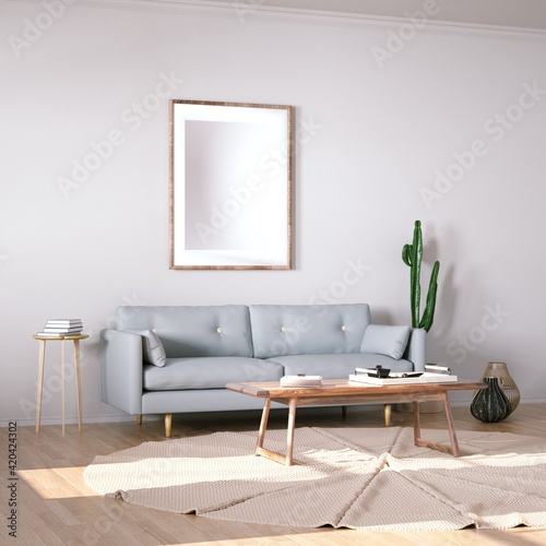 Room with Scandinavian Interior Design with Empty Frame on Walls, Sofa, Wooden Floors, Circular Carpet and Cactus Plant