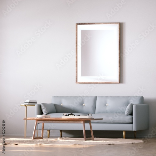 Room with Scandinavian Interior Design with Empty Frame on Walls, Sofa, Wooden Floors, Circular Carpet and Cactus Plant
