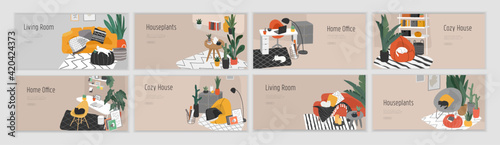 Landing page template for interior design. Hand drawn scandinavian cozy style bathroom, home office and living room. Nordic style interiors with homeplants. Cartoon vector