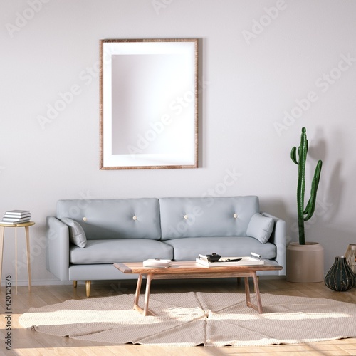 Room with Scandinavian Interior Design with Empty Frame on Walls, Sofa, Wooden Floors, Circular Carpet and Cactus Plant