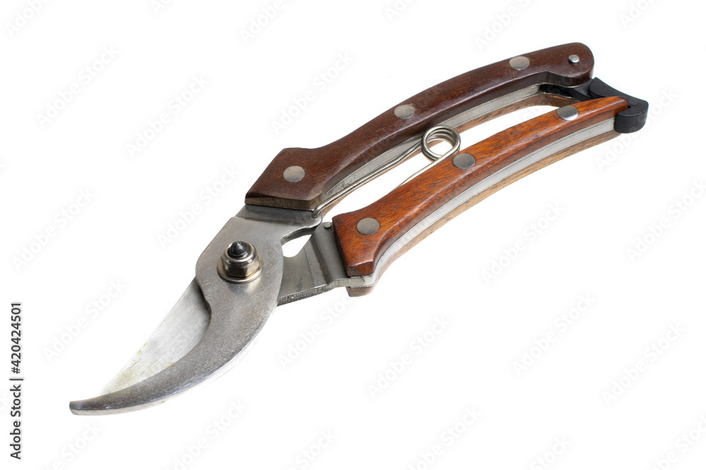 secateurs with brown handle on a white isolated background secateurs with brown handle on a white isolated background