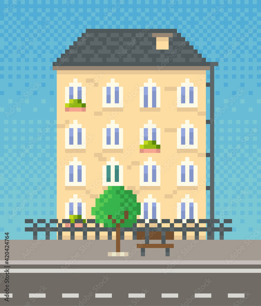 House surrounded by green spaces and plants. Building with many windows for pixel game design House surrounded by green spaces and plants. Building with many windows for pixel game design