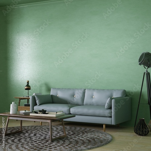 Room with Scandinavian Interior Design with Empty Walls, Sofa, Wooden Floors, Circular Carpet and Middle Table