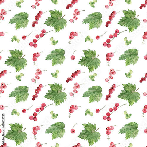 Watercolor seamless pattern with various berries, red currants, blackberries, blueberries and cherries 