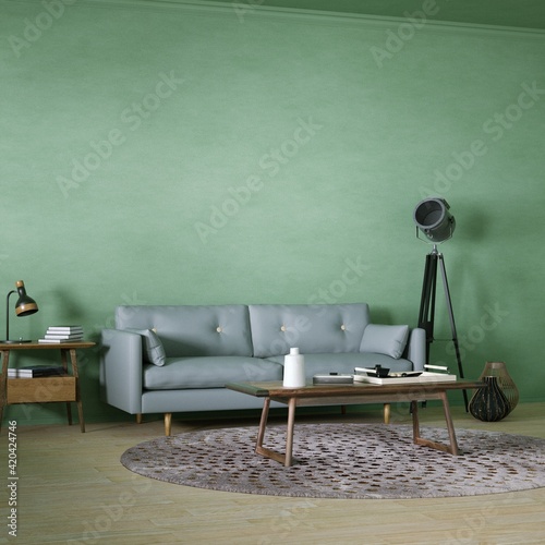 Room with Scandinavian Interior Design with Empty Walls, Sofa, Wooden Floors, Circular Carpet and Middle Table