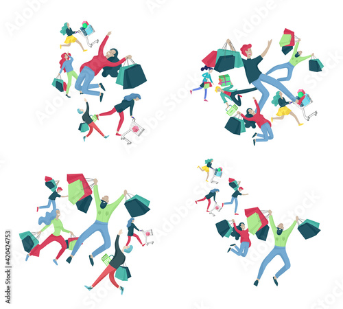 Collection of people carrying shopping bags with purchases. Madness on sale  line of crazy Men and women taking part in seasonal sale at store  shop  mall. Cartoon characters