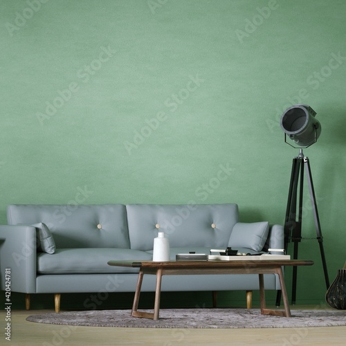 Room with Scandinavian Interior Design with Empty Walls, Sofa, Wooden Floors, Circular Carpet and Middle Table