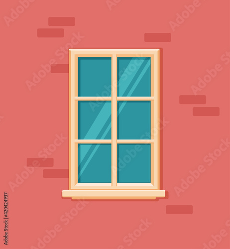 Vector window with glass and wooden frame on a brick wall.