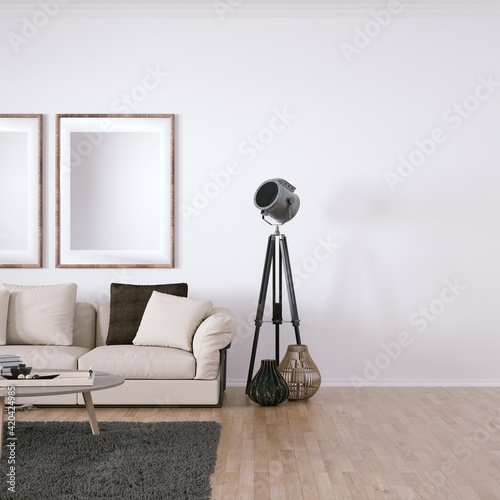 Room with Scandinavian Interior Design with Empty Frame on Walls, Sofa, Wooden Floors, Circular Carpet and Indoor Plant