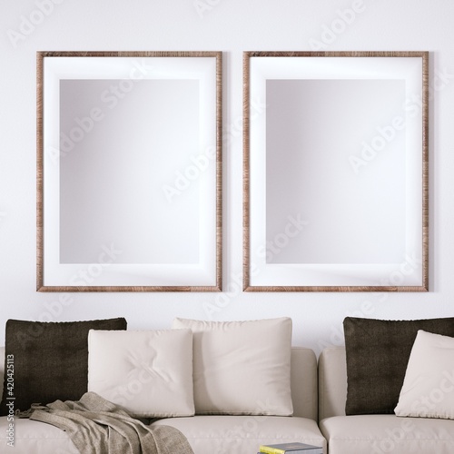 Room with Scandinavian Interior Design with Empty Frame on Walls, Sofa, Wooden Floors, Circular Carpet and Indoor Plant