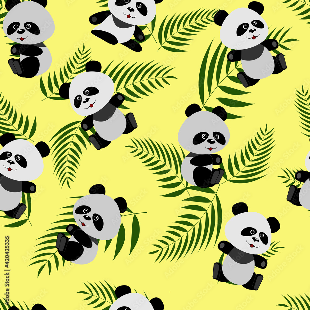 panda pattern, seamless of bear and leaves