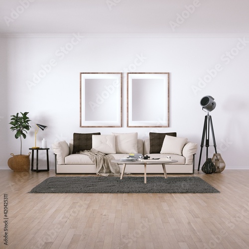 Room with Scandinavian Interior Design with Empty Frame on Walls, Sofa, Wooden Floors, Circular Carpet and Indoor Plant