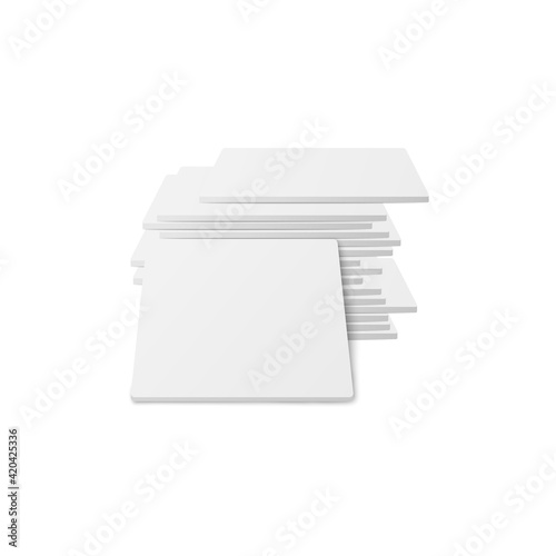 White square coaster stack, realistic mockup of stacked cardboard pads