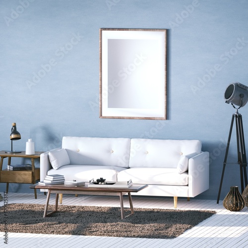 Room with Scandinavian Interior Design with Empty Walls, Sofa, Wooden Floors, Woolly Carpet and Middle Table