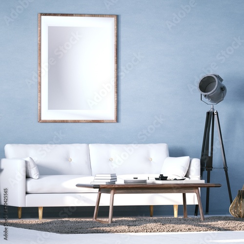 Room with Scandinavian Interior Design with Empty Walls, Sofa, Wooden Floors, Woolly Carpet and Middle Table