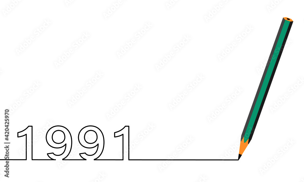 One line drawing style with a pen on the right and 1991 on the left, the year of the lord. Concept about writing, simply, yearly, celebrating, anniversary and etc. One line drawing style with a pen on the right and 1991 on the left, the year of the lord. Concept about writing, simply, yearly, celebrating, anniversary and etc.