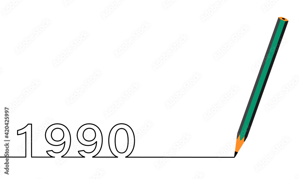 One line drawing style with a pen on the right and 1990 on the left, the year of the lord. Concept about writing, simply, yearly, celebrating, anniversary and etc. One line drawing style with a pen on the right and 1990 on the left, the year of the lord. Concept about writing, simply, yearly, celebrating, anniversary and etc.