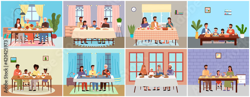 Set of illustrations on the theme of people have dinner in traditional styles of countries worldwide