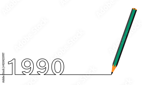 One line drawing style with a pen on the right and 1990 on the left, the year of the lord. Concept about writing, simply, yearly, celebrating, anniversary and etc.