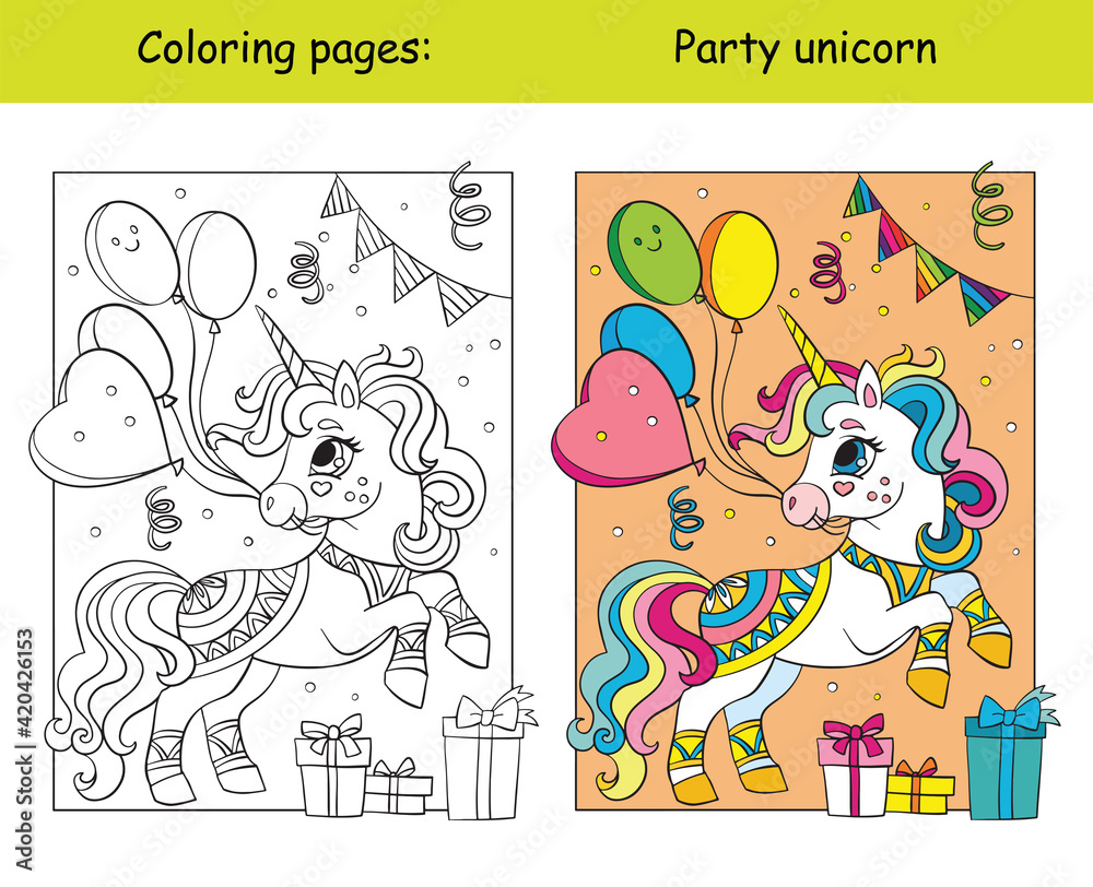 Fototapeta premium Cute party unicorn with balloons coloring vector and template