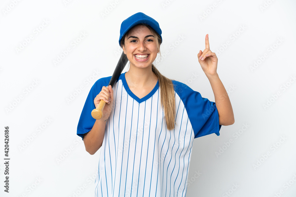 Young caucasian woman playing baseball isolated on white background pointing up a great idea Young caucasian woman playing baseball isolated on white background pointing up a great idea