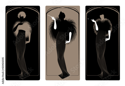 Silhouettes of three elegant ladies dressed in retro, art-deco or Belle Epoque style
