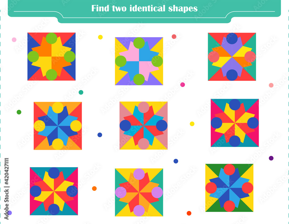 Logic game for children. Find two identical shapes. Development of attention, memory, thinking Logic game for children. Find two identical shapes. Development of attention, memory, thinking