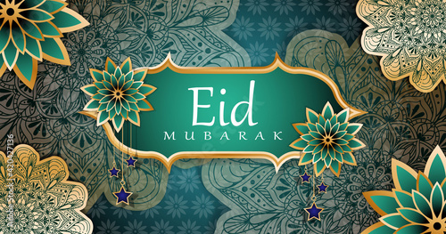 realistic background eid mubarak with ornament flowers