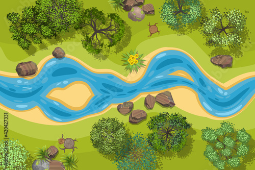 Vector illustration. Landscape with a winding river. (Top view)
River with forest shore. (View from above)