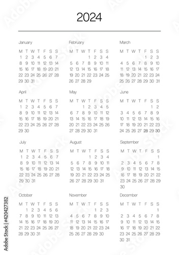 A5 format. Organizer and bullet journal printable page. Perfect minimalist calendar. 2024 year. Week starts at Monday. European English Gregorian calendar. Planner sticker. Stationery. Vector.	