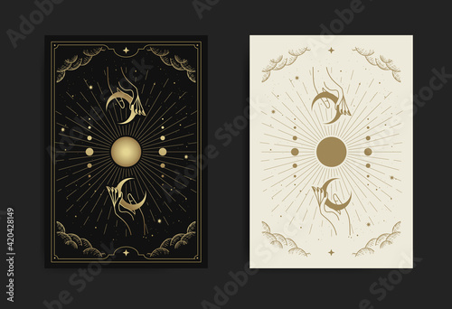 Magical hand and crescent moon card, with engraving, luxury, esoteric, boho, spiritual, geometric, astrology, magic themes, for tarot reader card. Premium Vector