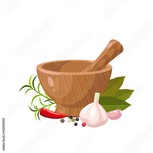 Pounding condiment mixture in wooden mortar with pestle. Vector illustration cartoon flat icon isolated on white background.