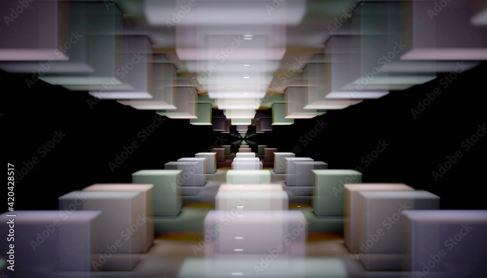 Fototapeta premium 3d render of an abstract tunnel made of color cubes