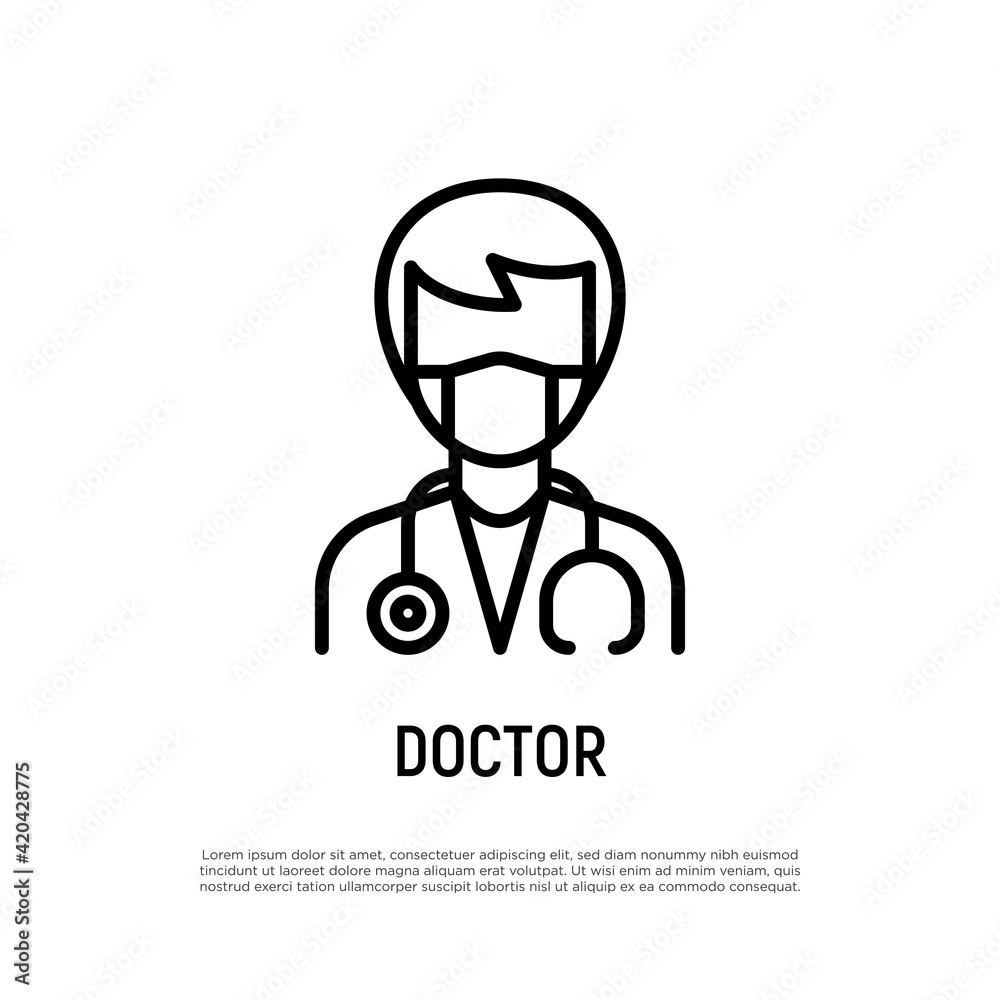 Doctor with stethoscope in surgical mask thin line icon. Healthcare worker. Editable stroke, pixel perfect. Vector illustration.