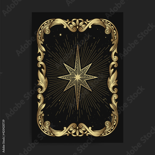 Vintage ornamental star card, with engraving, luxury, esoteric, boho, spiritual, geometric, astrology, magic themes, for tarot reader card. Premium Vector