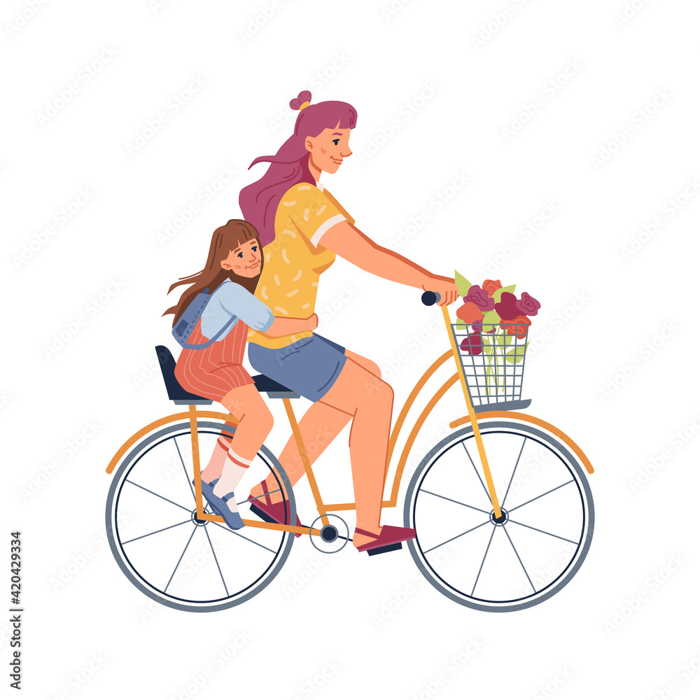 Mother and daughter riding on two-seater bike decorated by flowers, people in flat cartoon design isolated. Vector cyclists, motherhood and parenthood concept. Happy mom and kid have fun together