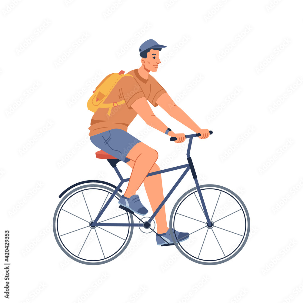 Fototapeta premium Bicyclist with backpack isolated man with backpack riding on bicycle. Vector sportive rider on mountainbike, leisure hobby sport activity, flat cartoon. Adult cyclist on bike, active cycling person