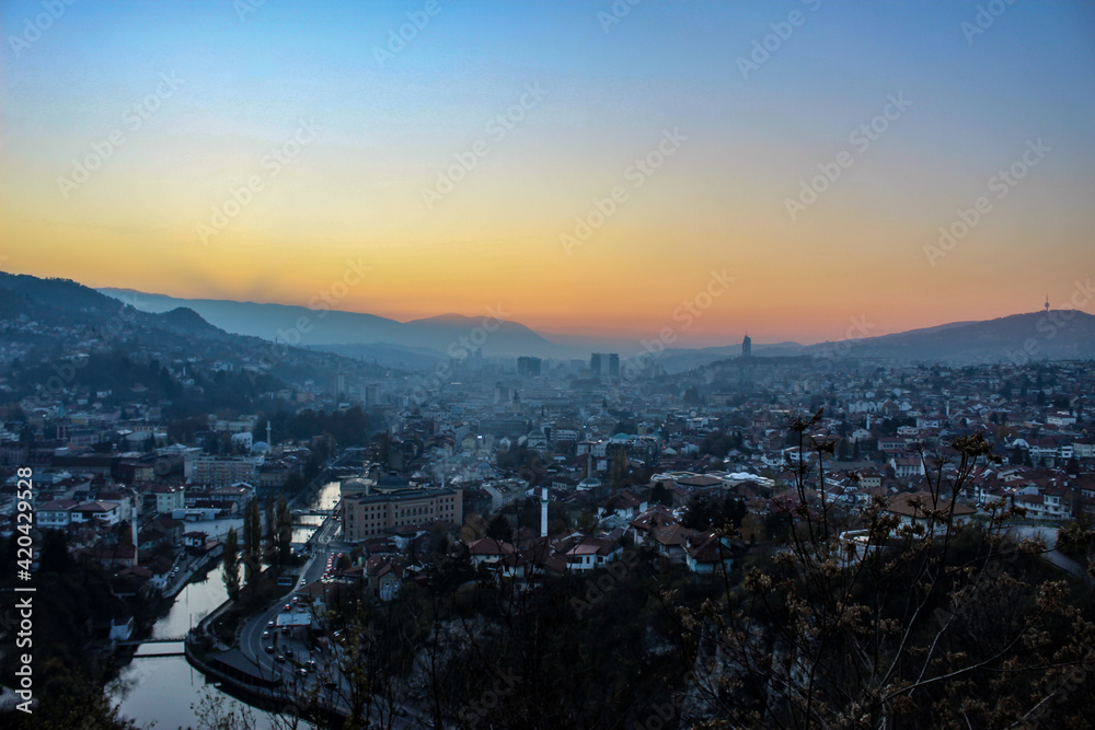 Sarajevo after sunset, view of the city of Sarajevo before dark. Landscape of the city of Sarajevo in autumn.