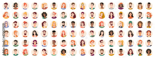 Portraits and avatars of people, male and female expressing emotions. Laughter and joy, smile and calmness. Diversity of personages, multiethnic society. Cartoon characters, vector in flat style photo
