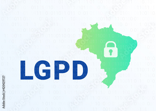 LGPD - the Lei Geral de Prote o de Dados Pessoais - Portuguese. English - General Personal Data Protection Law. Vector background with lock and map of Brazil photo