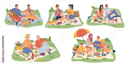 Fototapeta Naklejka Na Ścianę i Meble -  Picnic on nature, people sitting on blankets with food and drinks isolated flat cartoon icons. Vector man and woman, parents grandparents and children, friends having meal outdoors. Food and drinks