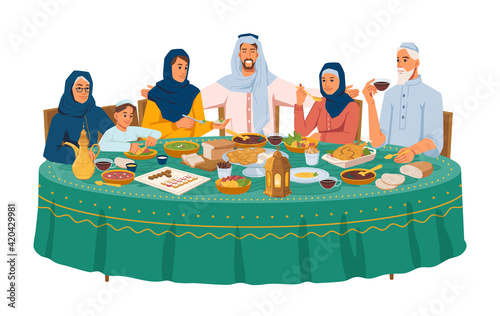 Arabian family sitting at table celebrate Ramadan, Iftar evening or Eid Mubarak holiday isolated. Vector Muslim family at dinner, arabic people in national cloth, parents and kids sitting together