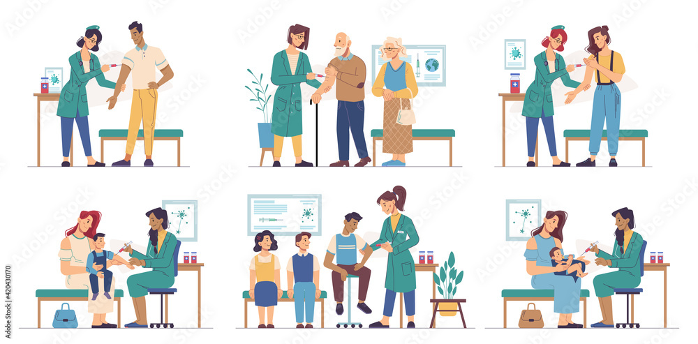 Vaccination people of different ages in clinic isolated flat cartoon set.  Vector immunization of adult, senior men and women and children.  Coronavirus covid 19 prevention, vaccine injection, queue Stock Vector |  Adobe Stock