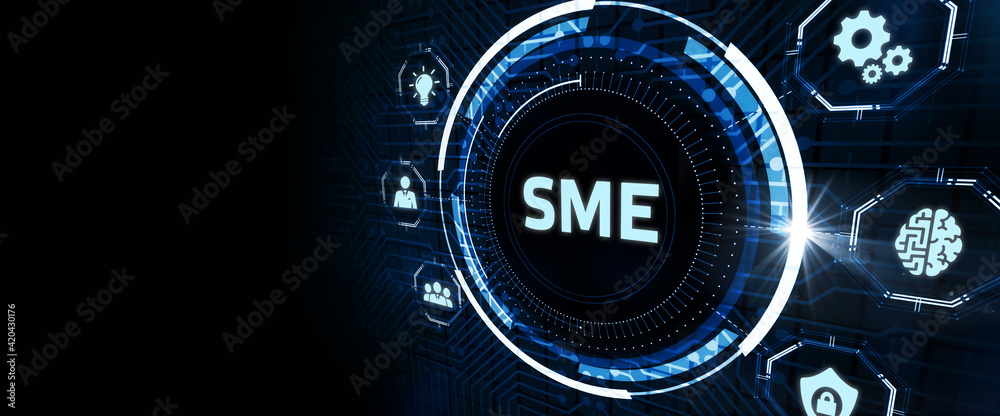 The concept of business, technology, the Internet and the network. A young entrepreneur working on a virtual screen of the future and sees the inscription: SME The concept of business, technology, the Internet and the network. A young entrepreneur working on a virtual screen of the future and sees the inscription: SME