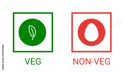 Veg, non-veg - Vegetarian and non-vegetarian marks in India, Sri Lanka, Pakistan. Green sign for packaged food and toothpaste products. Food icon symbol