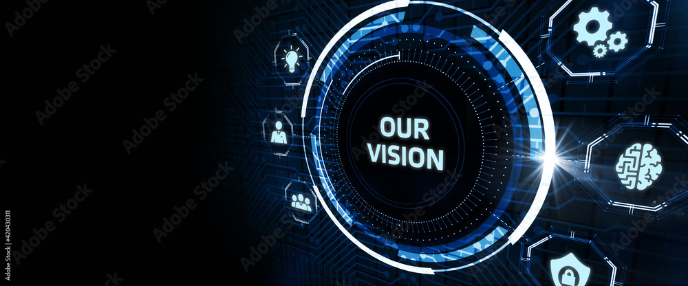 Business, Technology, Internet and network concept. Young businessman working on a virtual screen of the future and sees the inscription: Our vision Business, Technology, Internet and network concept. Young businessman working on a virtual screen of the future and sees the inscription: Our vision