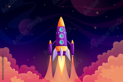 Rocket launch vehicle with engine in purple sky cartoon background. Vector starship with booster, space shuttle turbo rocket. Cosmic rocketship, in universe atmosphere, planets in outer-space