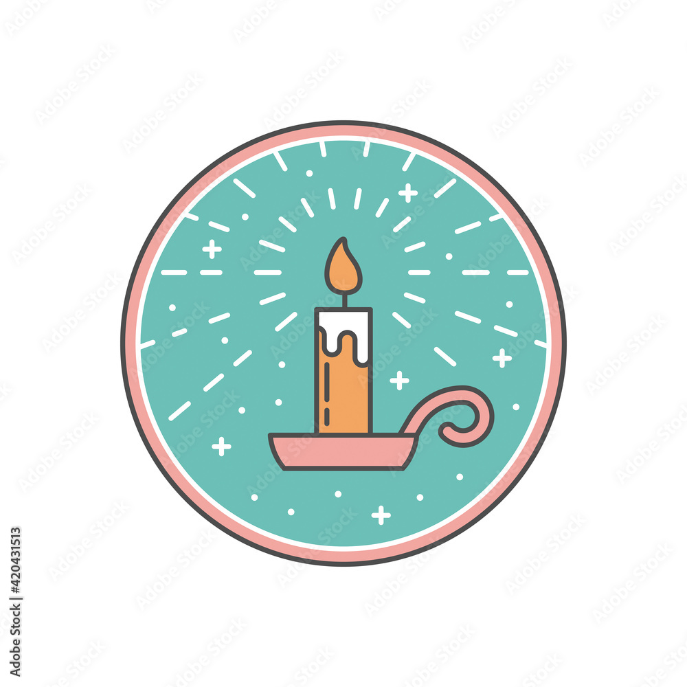 Simple Linear Easter icon of Festive Wax Candle on a Stand with streaks of paraffin and radial Rays of Light Simple Linear Easter icon of Festive Wax Candle on a Stand with streaks of paraffin and radial Rays of Light